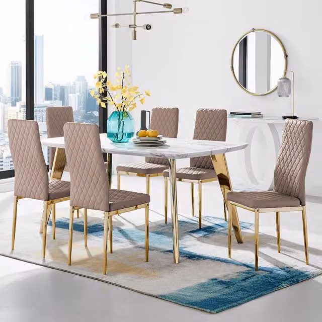 FurnitureboxUK Andria Cappuccino Marble Effect Rectangular Dining Table and 6 Milan Gold Leg Chairs