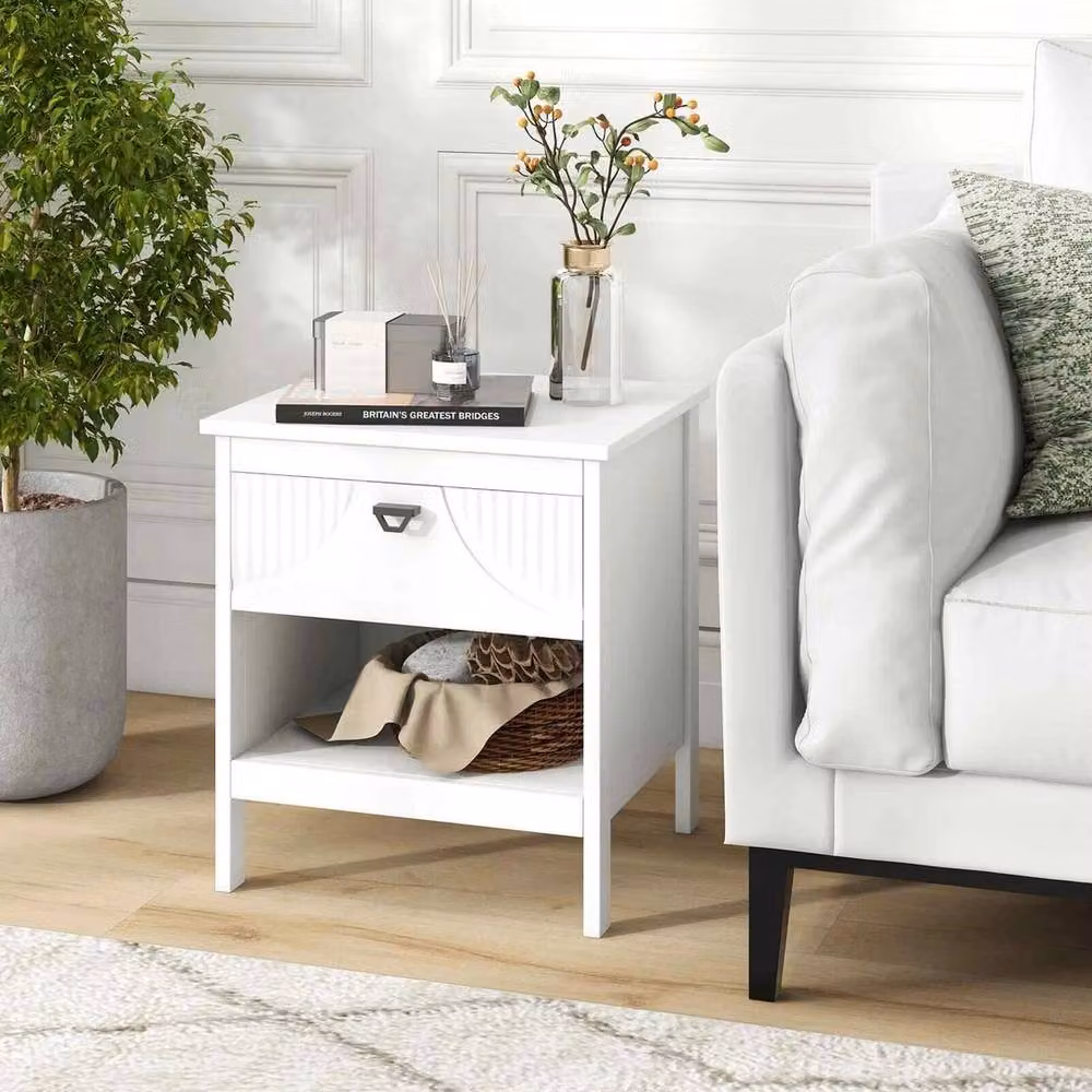 VOGREX 2-Tier Modern Wood End Table with Open Storage Shelf in White – 2