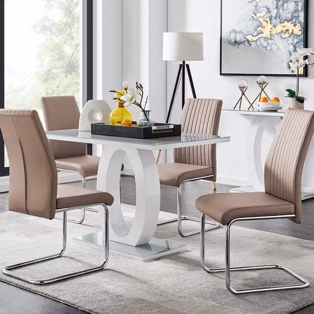 FurnitureboxUK Giovani Modern High Gloss and Glass Rectangular Dining Table and 4 Lorenzo Chairs Set in Grey, White and Beige, W/D/H: 120 x 70 x 70 cm