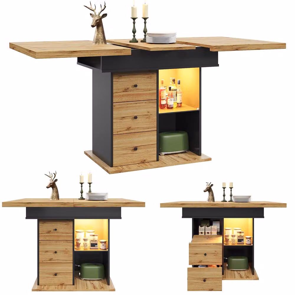 BTM Extendable Rectangular Dining Table with LED Lights in Sand and Brown, W/D/H: 110 x 80 x 75 cm – 3
