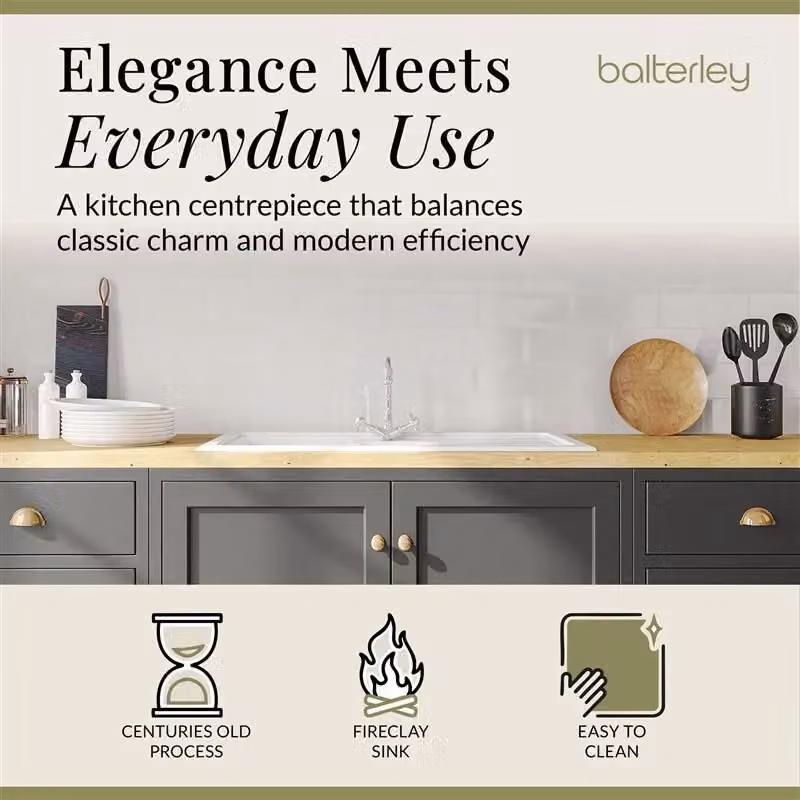 Balterley White Ceramic Fireclay 1.5 Bowl Drop In Sink with Drainer and Tap Waste, Width: 1010 mm – 2
