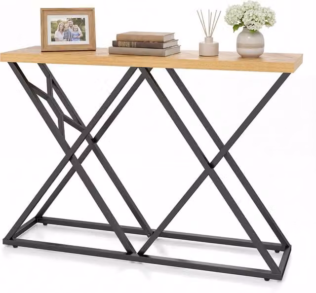 COSTWAY Industrial Geometric Accent Table in Brown with X-Frame Metal and Wood Design