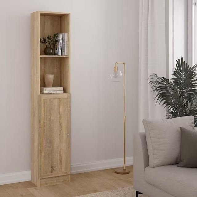 Furniture To Go Basic Tall Narrow Combination Storage Bookcase with 4 Shelves and Hinged Door in Oak Brown, H: 203.2 cm, W: 40.6 cm