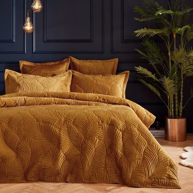 Paoletti Palmeria Gold Quilted Velvet Duvet Cover and Pillowcase Set