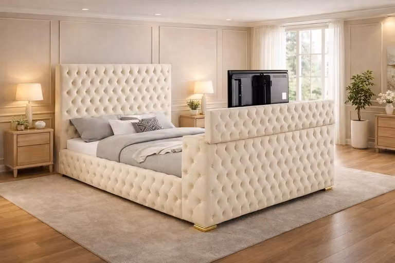 Paradise Beds Ltd Mariana Chesterfield Upholstered TV Bed Frame with Gas Lift Storage in Blue, Size: Double (140 x 200 cm)