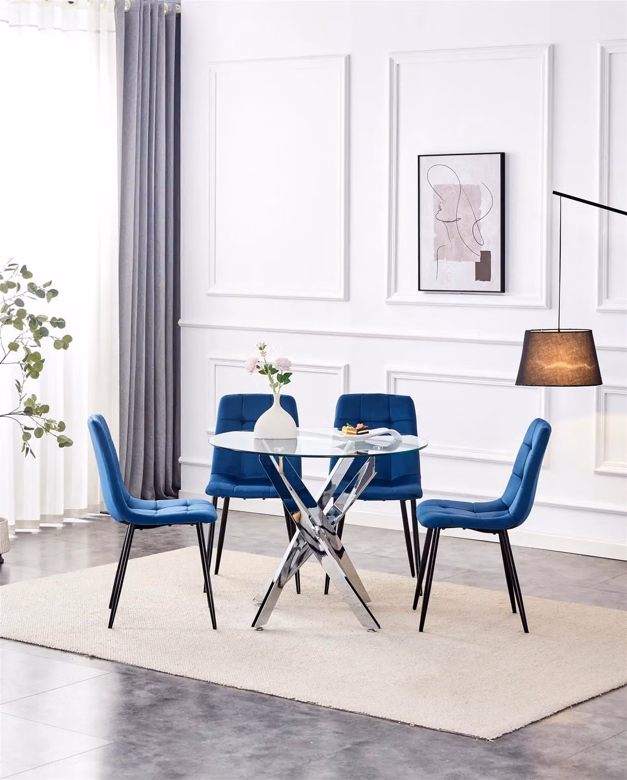 KOSY KOALA Round Glass Dining Table and 4 Blue Velvet Chairs Set in Brown – 4