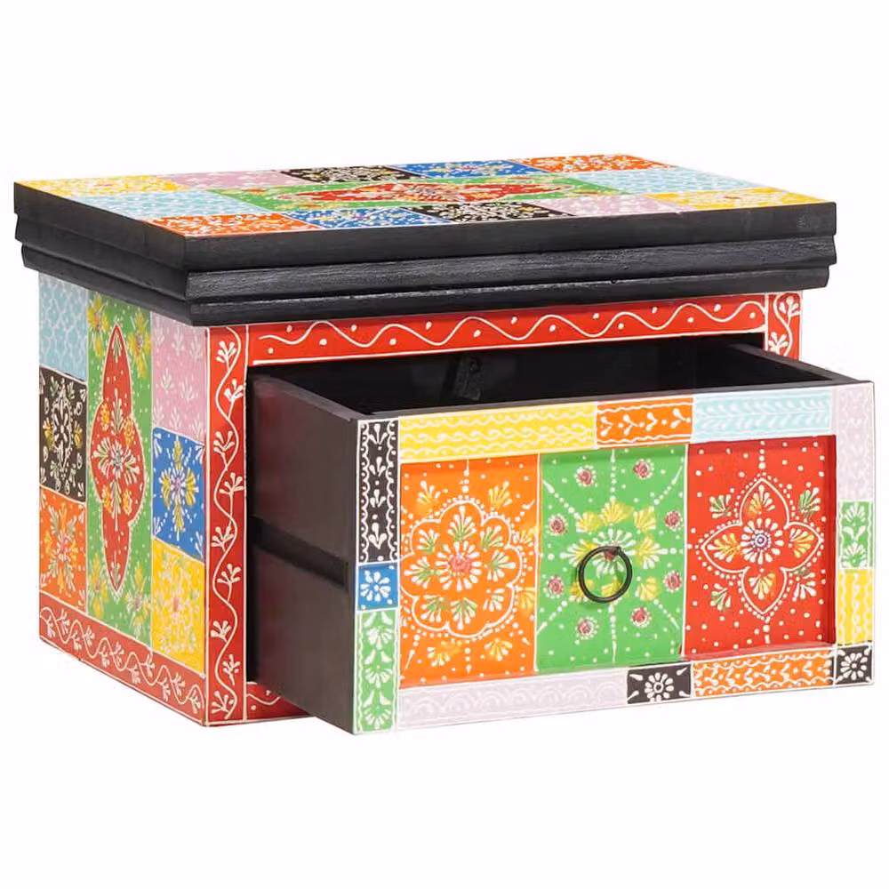 Berkfield Home Set of 2 Floral Mango Wood and MDF Bedside Cabinets in Multicolour and Gold, W: 40 cm, D: 30 cm, H: 28 cm – 2