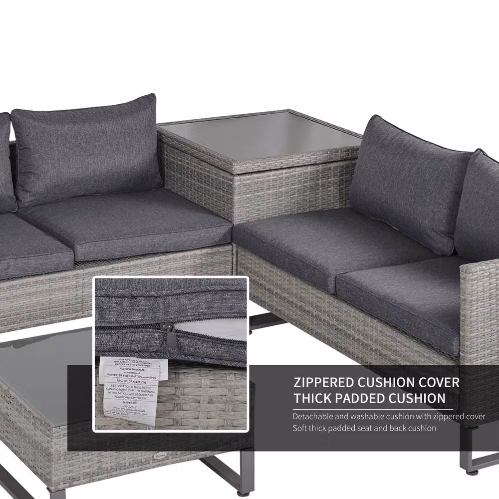 ERGOVEXA 4 Piece Grey Rattan Garden Furniture Set with L-Shape Sofa and Coffee Table – 4