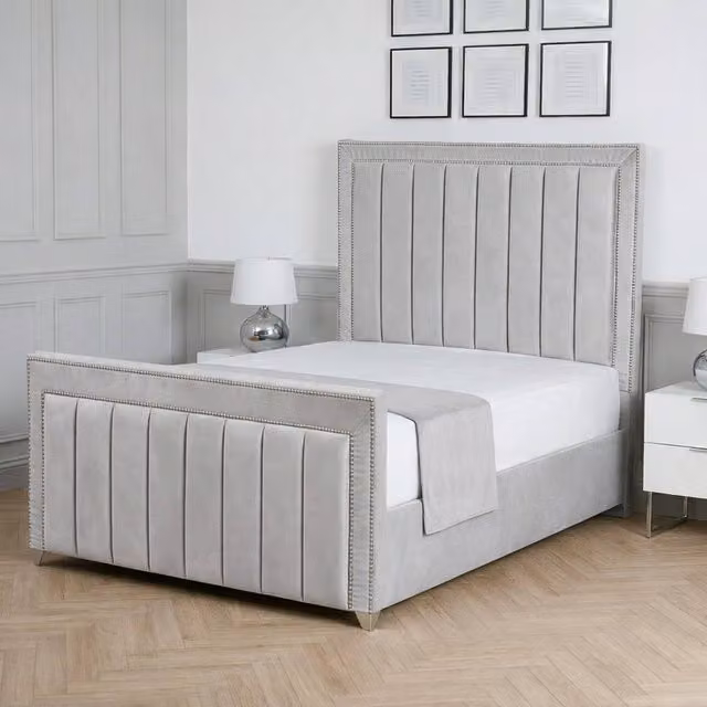 Living Comfort Bedz Royale Silver Velvet Upholstered Gas Lift Storage Bed with 48 Inch Headboard, Super King, W/D/H: 200 x 200 cm – 1