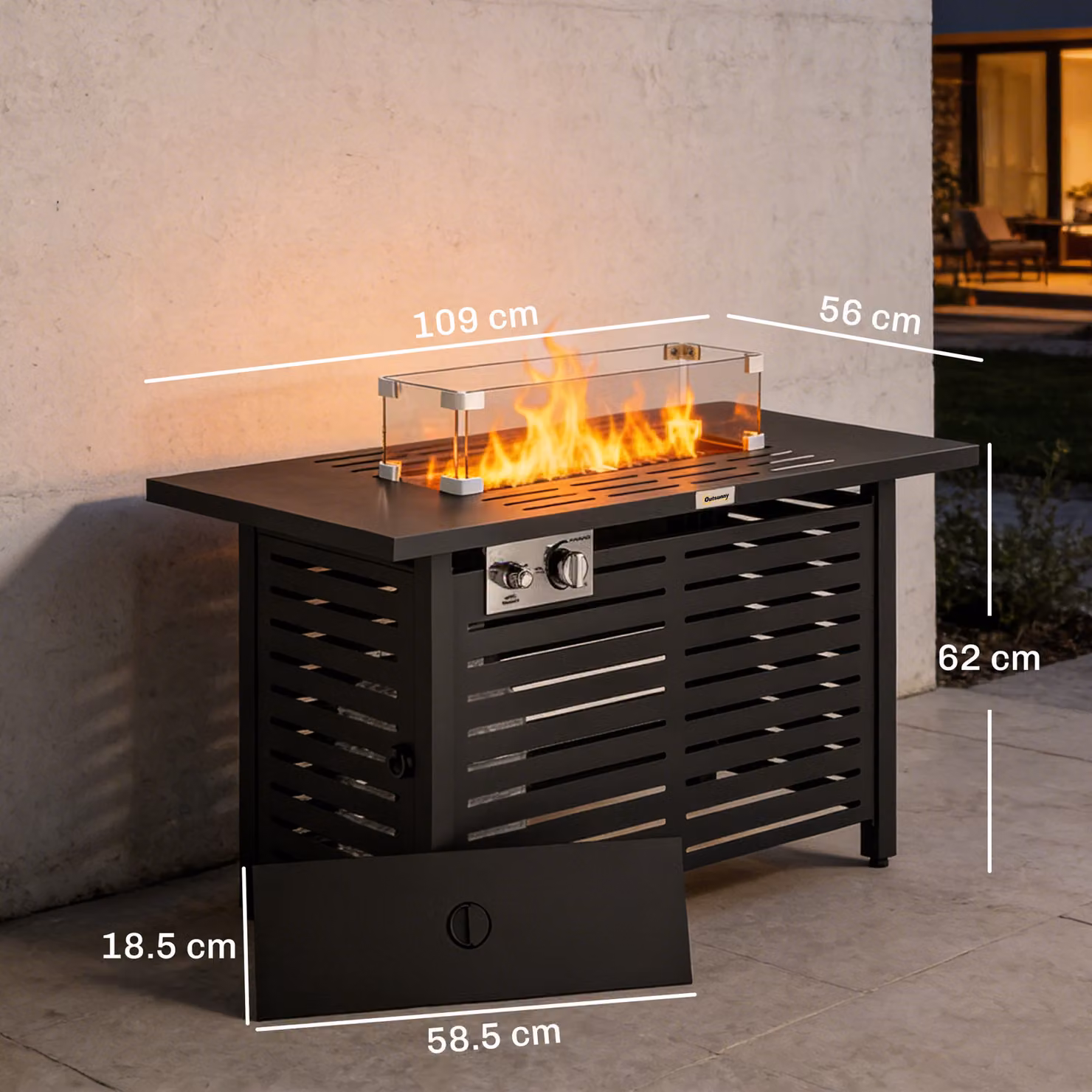 Outsunny Propane Gas Fire Pit Table in Black with 43 inch Steel Tabletop, 50,000 BTU Pulse Ignition, Stainless Steel Burner, Glass Wind Guard and Cover – 3