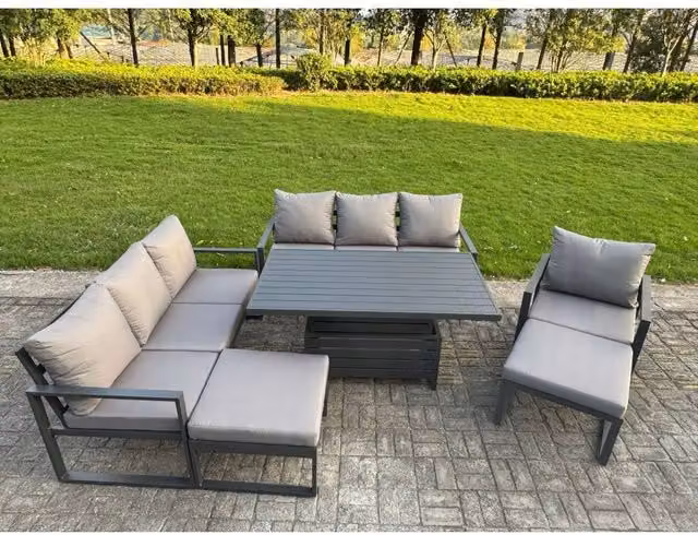 Fimous 9-Seater Aluminium Patio Set with Height-Adjustable Lifting Table and 2 Large Stools in Matt Dark Grey