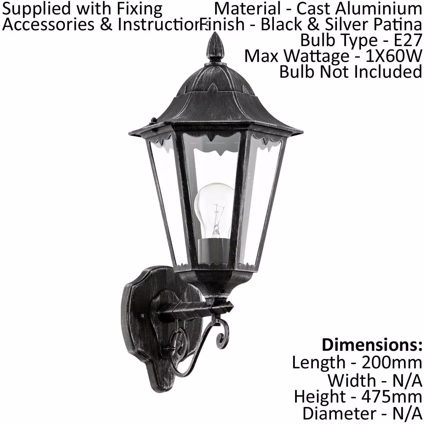 Loops 2 Pack IP44 Outdoor Wall Lanterns in Black and Silver Patina with Glass and Aluminium Construction, E27 60W Up Light – 2