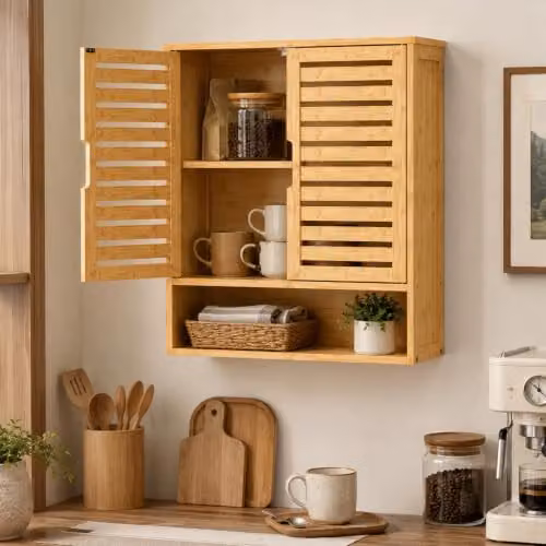 HOMCOM Wall Mounted Bathroom Cabinet with 2 Hinged Doors and Open Shelf in Oak Brown – 3