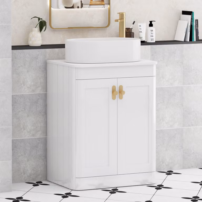 Royal Bathrooms Henley 600mm Gloss White Floor Standing 2 Door Vanity Unit with Plain White Worktop, Peak Basin and Brushed Brass Knob