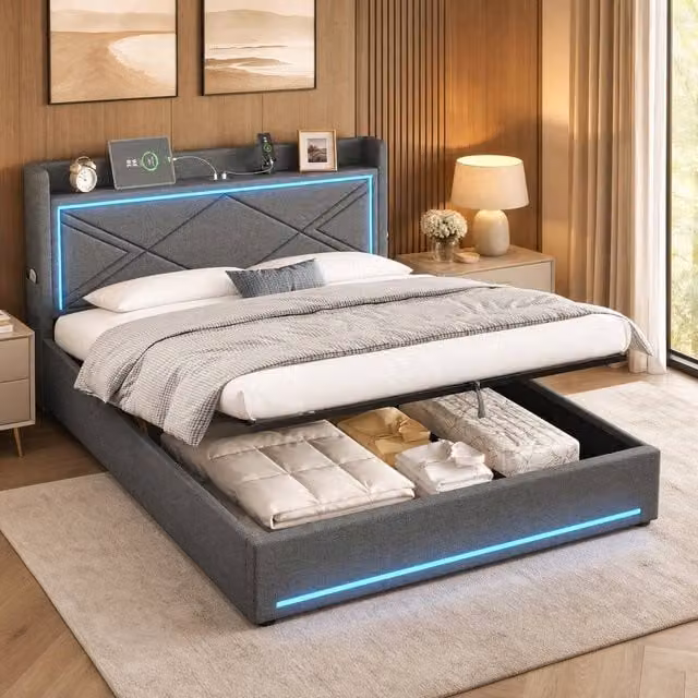 STILVORA King Size Ottoman Bed in Grey Linen with LED Under-Bed Lighting and USB Charging Ports, W/D/H: 180 x 200 x 110 cm