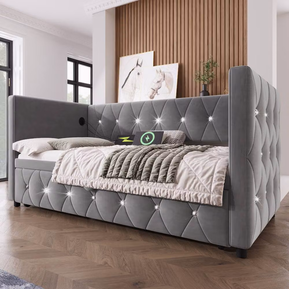 BTM Grey Velvet 3FT Daybed with Trundle and USB/Type-C Charging Ports, W/D/H: 90 x 190 x 76 cm – 2