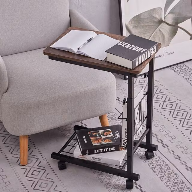 Living and Home Height Adjustable Mobile Overbed Desk with Wheels in Brown
