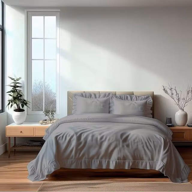 Snug City Double Polycotton Duvet Cover and Pillowcase Set in Silver Grey with Frilled Design, 140 x 200 cm