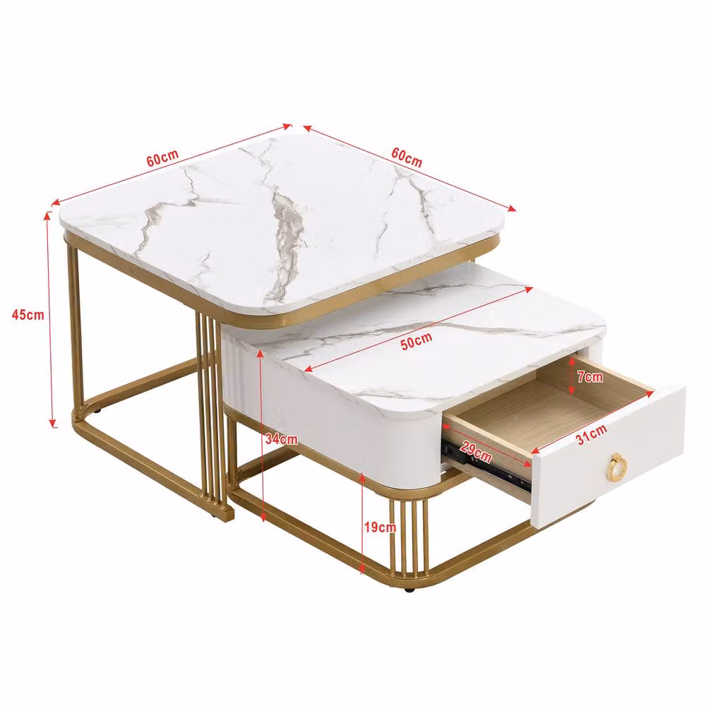 ModernLuxe Nestable Coffee Table Set of 2 with Drawer in White and Gold – 3