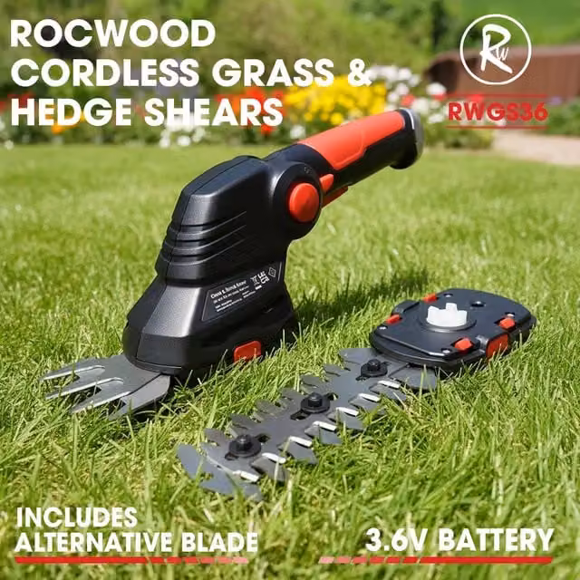 RocwooD 3.6V 2-in-1 Cordless Grass Shears with Rechargeable Battery, Black