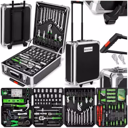 tectake Portable Tool Box Trolley Black Aluminium 1,200-Piece DIY Tool Kit with 4 Drawers and Wheels – 1