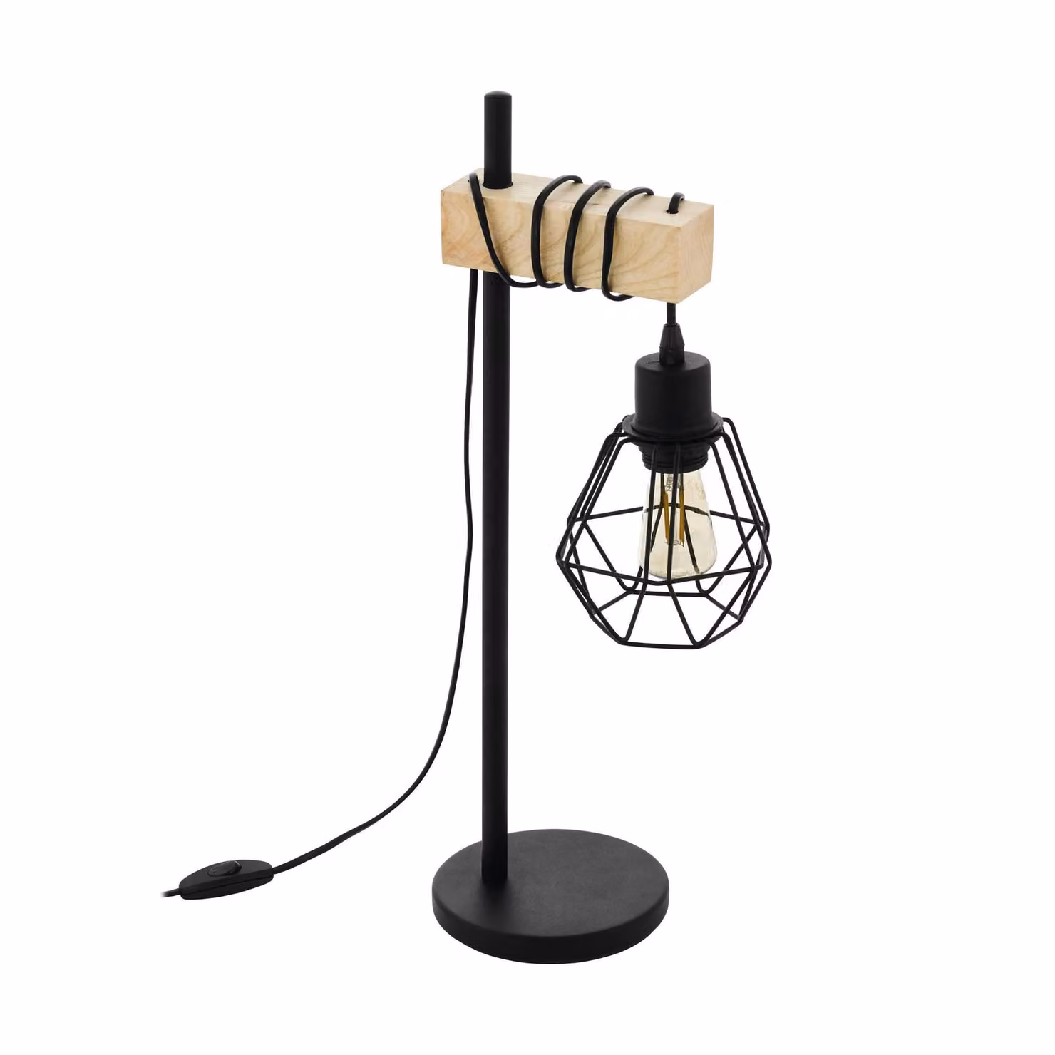 Eglo Townshend 5 Industrial Style Table Lamp in Black Metal and Natural Wood, Diameter: 15.5 cm – 2