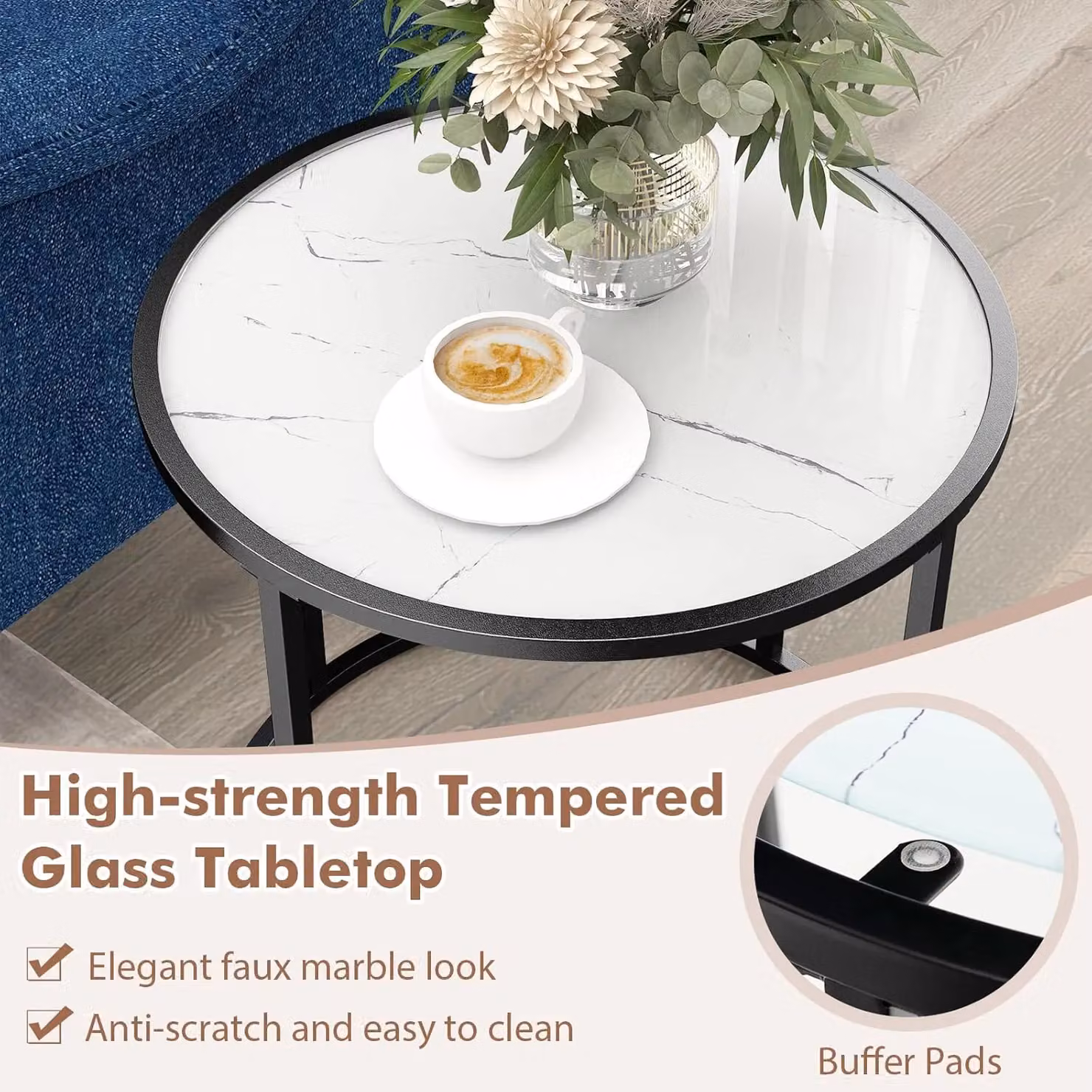 Gymax Round Glass End Table with Black Faux Marble Effect and Metal Frame, Diameter: 50 cm – 4