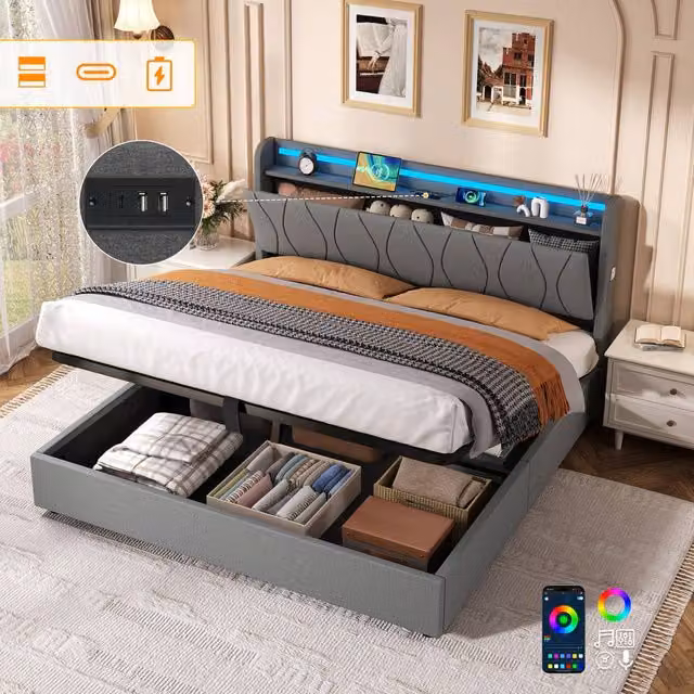 ModernLuxe Upholstered King Ottoman Bed with LED Storage Headboard and USB Charging Port in Grey, W/D/H: 150 x 200 x 105 cm