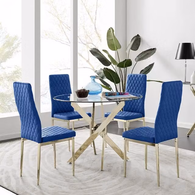 FurnitureboxUK Novara 100cm Gold Round Glass Dining Table and 4 Navy Velvet Milan Chairs with Gold Legs