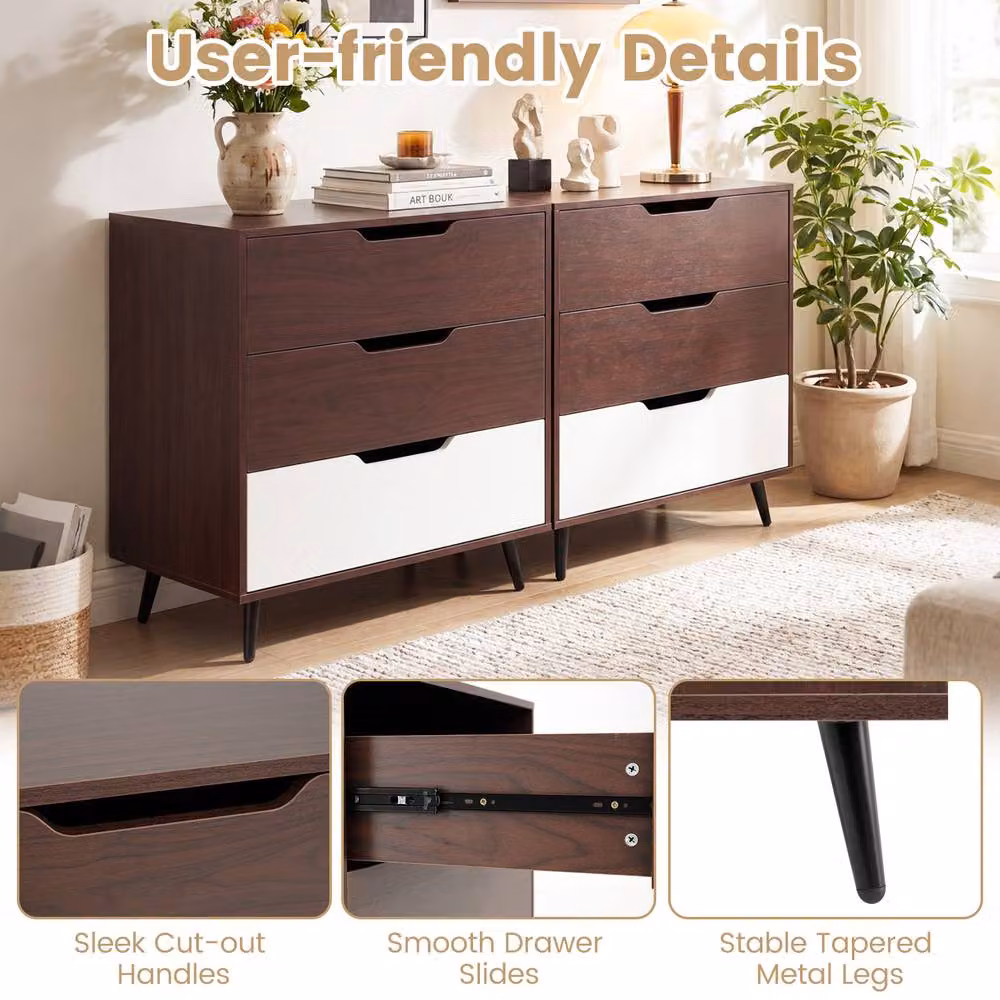Gymax Modern 3-Drawer Wooden Dresser and Nightstand with Metal Legs in Brown – 7