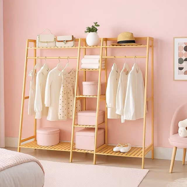 Neo Natural Bamboo Freestanding Open Clothes Rail and Shelves in Brown, W/D/H: 158 x 40 x 139 cm