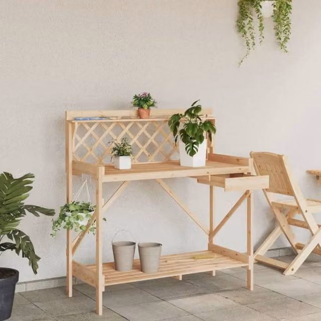 Berkfield Home Potting Bench with Trellis in Light Brown Solid Wood, W/D/H: 117 x 50 x 50 cm – 1
