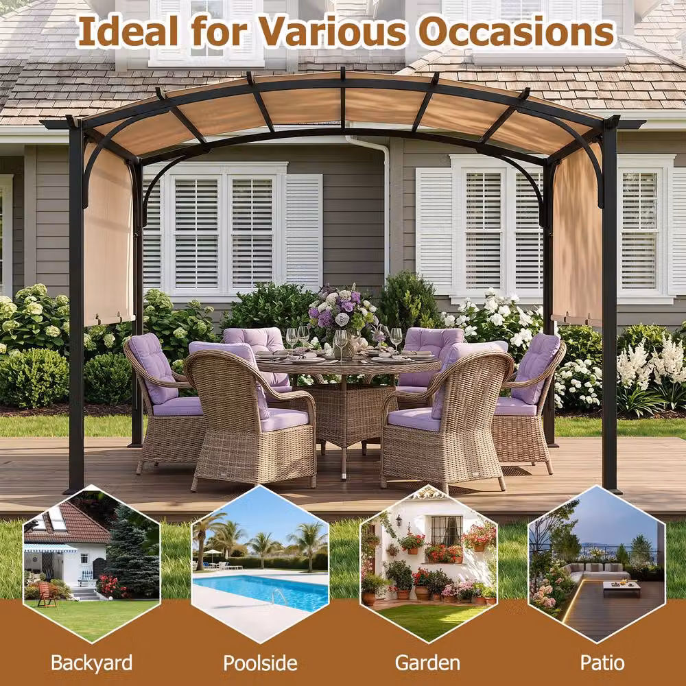 Gymax Retractable Arched Garden Pergola with Beige Polyester Canopy, W: 304.8 cm, D: 243.84 cm, H: 233.0 cm – 3