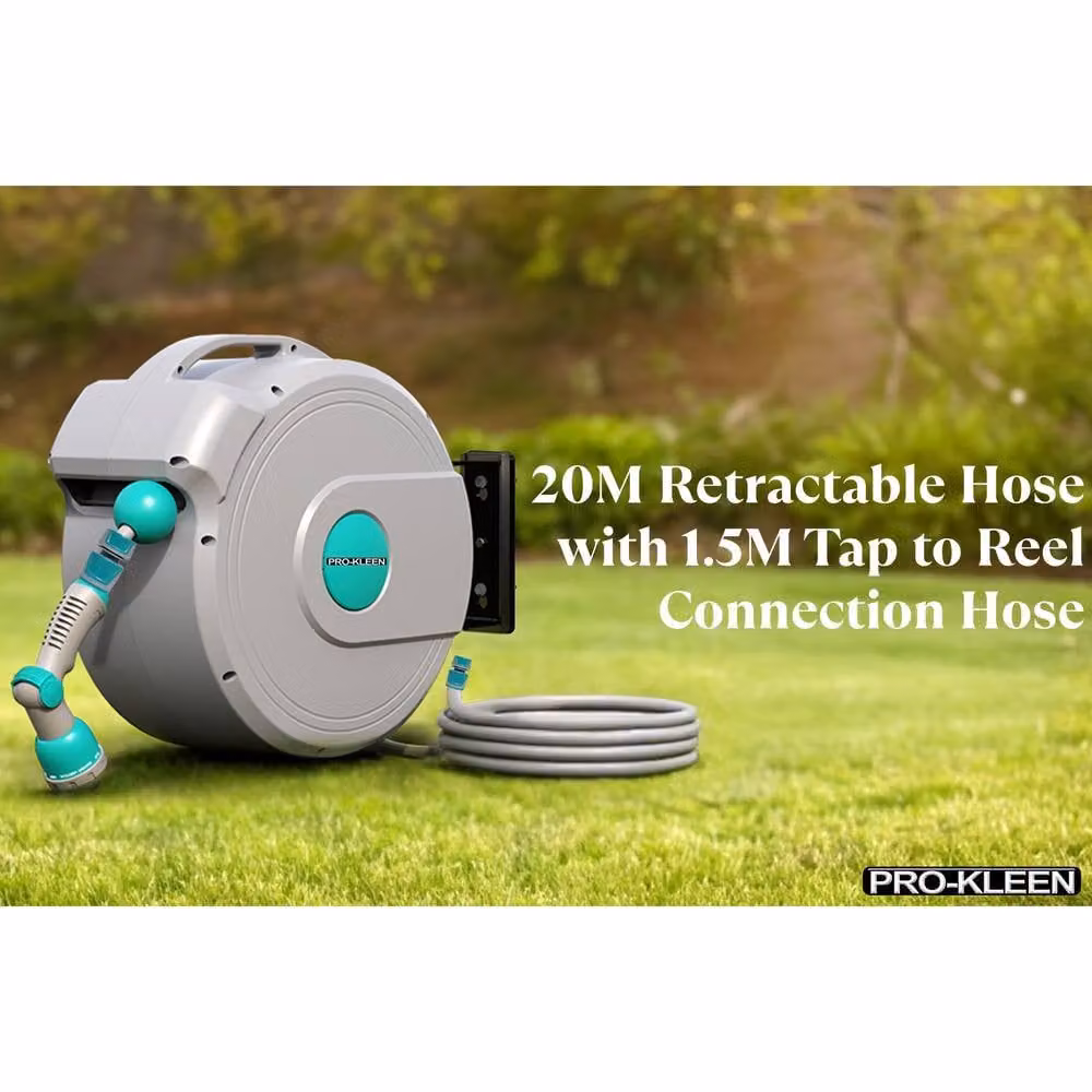 ProKleen Retractable Wall Mounted Garden Hose Reel with 10 Function Spray Gun, 20m, Grey – 5