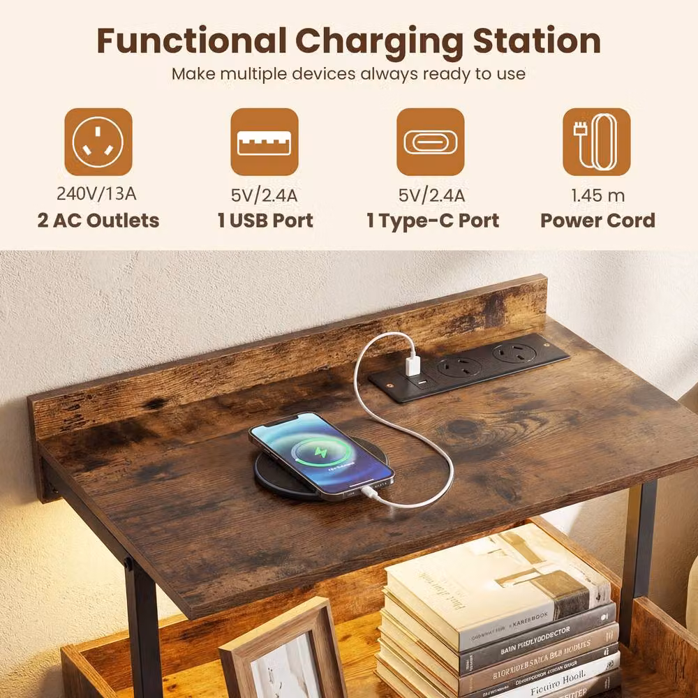 Gymax Industrial Bedside Nightstand with Integrated Lighting and Charging Station, Brown – 11