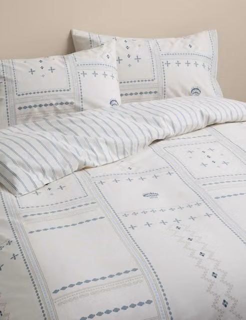 M&S Pure Cotton Coastal Tile Print Bedding Set, Blue and White, W: 180 cm, H: 200 cm
