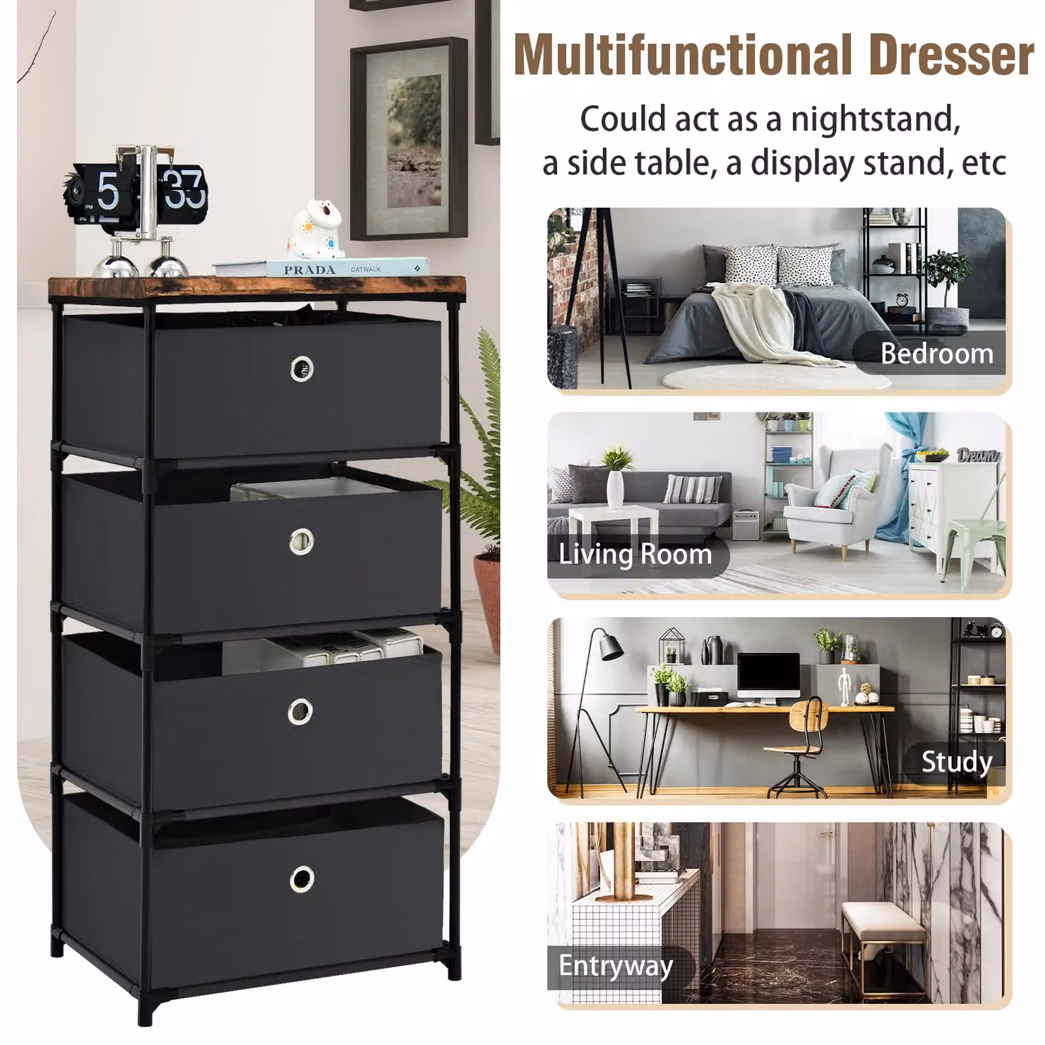 Gymax 4-Tier Black Metal Chest of Drawers and Nightstand Storage Cabinet – 3