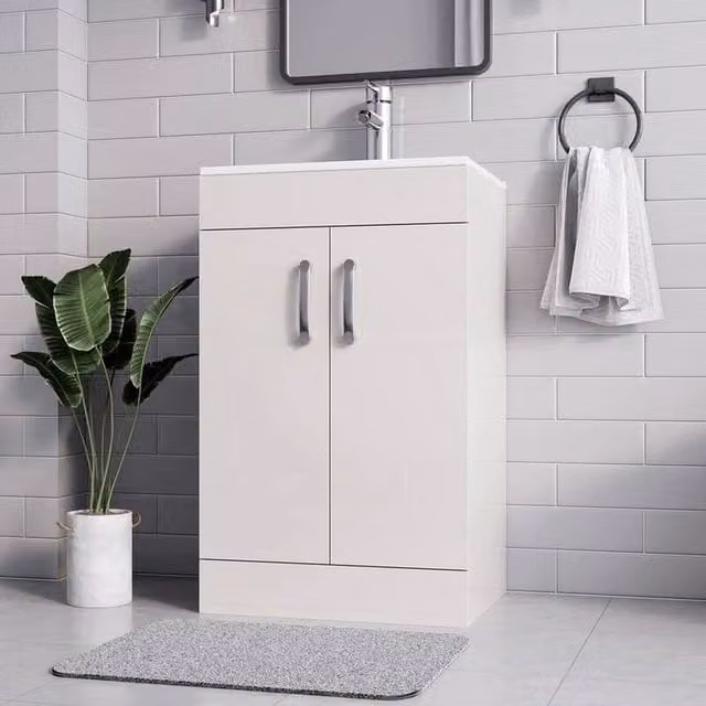 FORGEVIO White Glossy Bathroom Vanity Unit with Sink and Soft-Close Hinged Doors