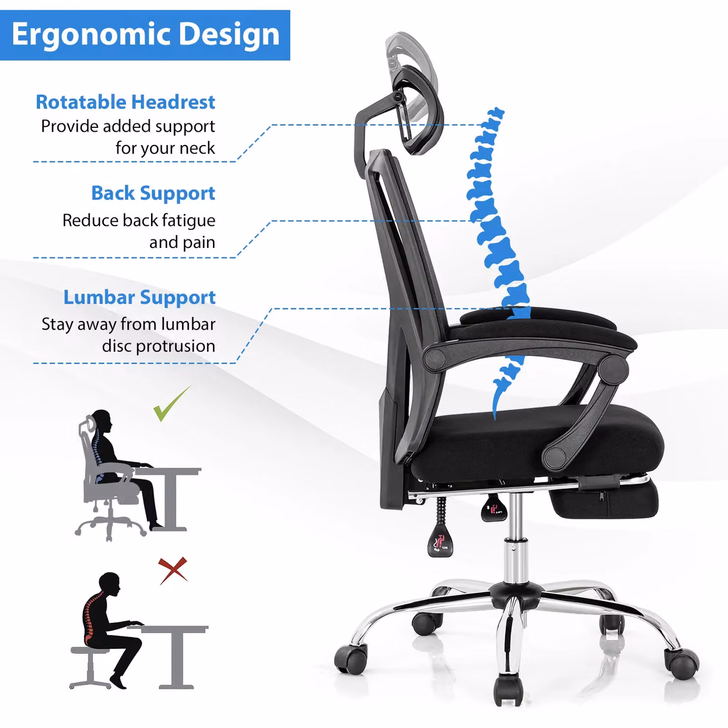 Costway Ergonomic Executive Office Chair with High Back, Headrest and Retractable Footrest in Black Fabric – 3
