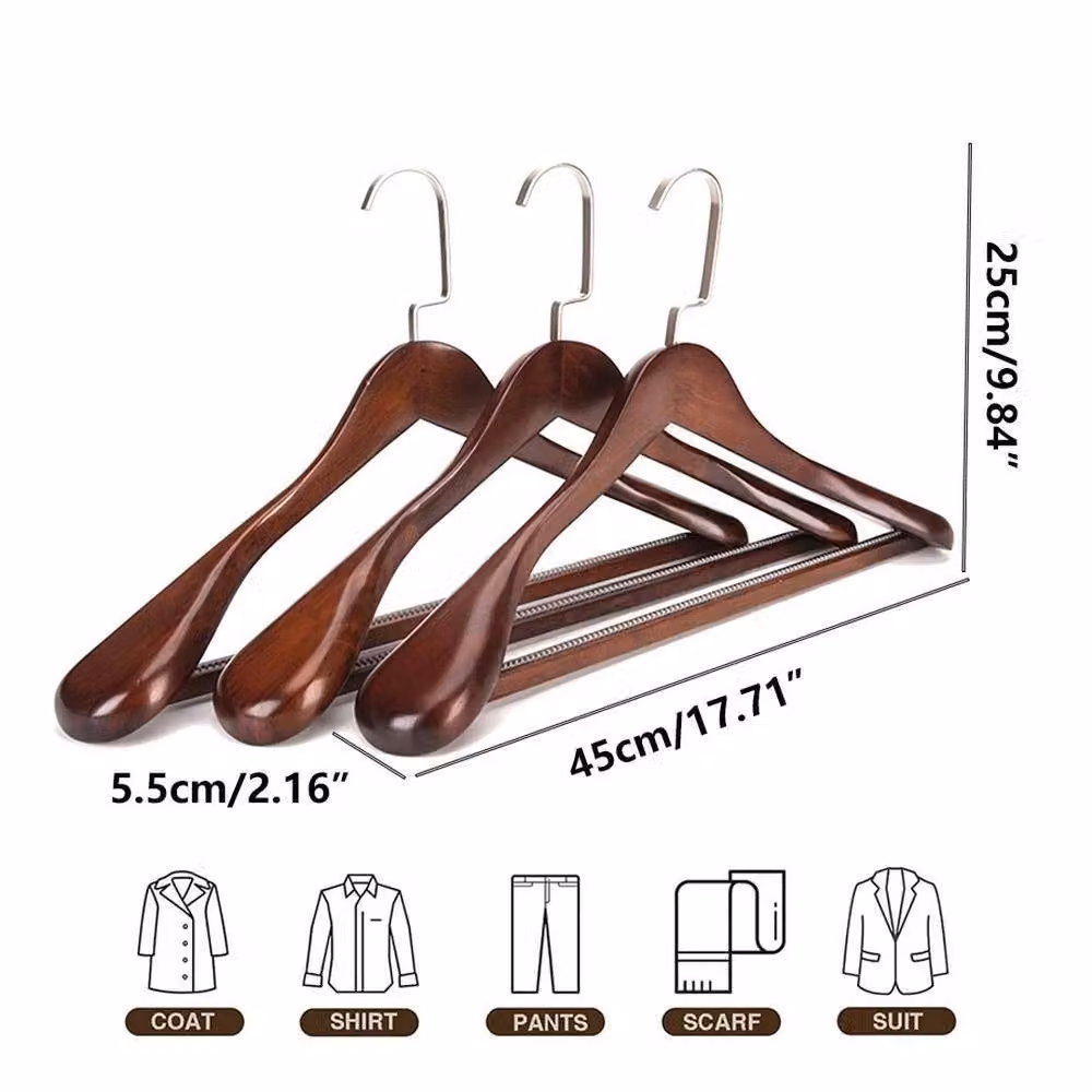 NESTLUNE Set of 5 Wooden Coat Hangers with Non-Slip Trouser Bar in Brown, W: 100 cm, D: 15 cm – 2
