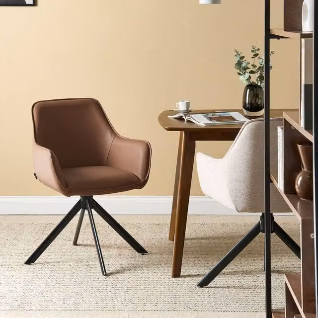 Wyld and Coco Brown Faux Leather Swivel Dining Chair with Armrests – 1