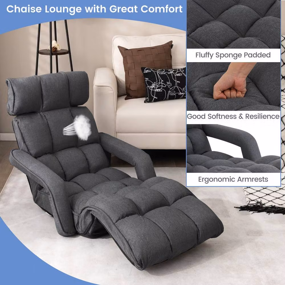 Costway Foldable Lazy Sofa Chaise Lounger in Grey with 6 Adjustable Positions and Metal Frame – 7