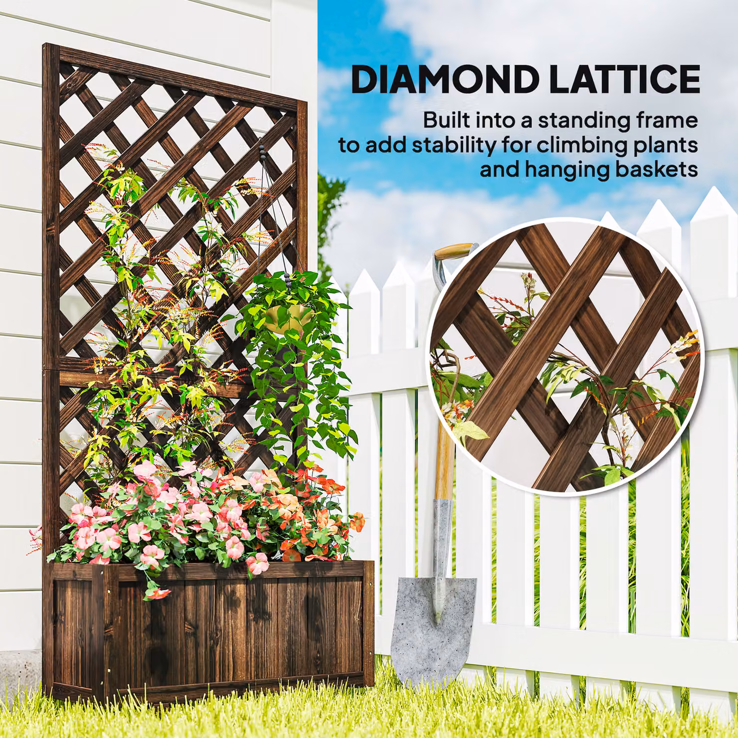 Outsunny Brown Wooden Pine Trough Planter with Trellis for Climbing Plants and Flowers, W: 149.5 cm, D: 31.5 cm, H: 72.5 cm – 4