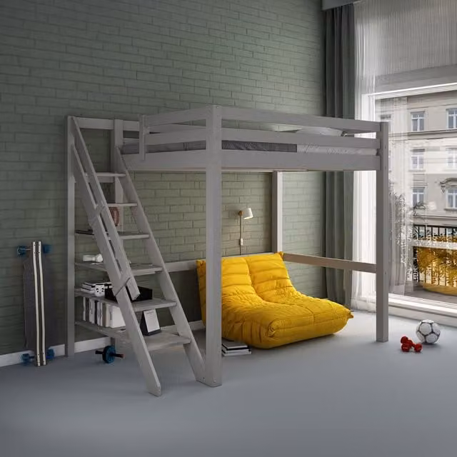 Noomi Studio Loft Bed Double High Sleeper in Grey Solid Pine Wood with Stairs and Side Compartments, 140 x 200 cm