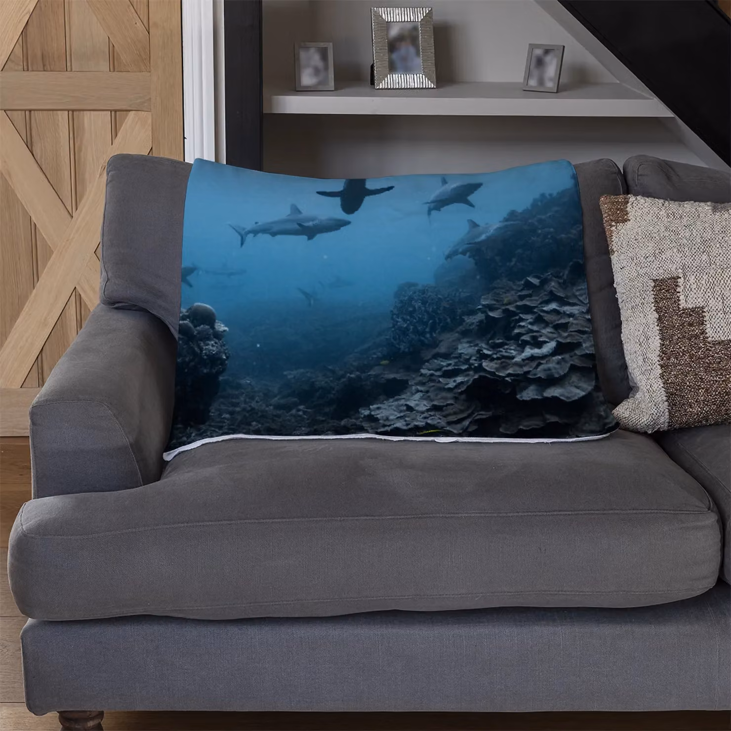Benjamin Tate Design Schooling Grey Reef Sharks Fleece Blanket in Blue, Sand and Beige, W/D/H: 120 x 150 cm – 2