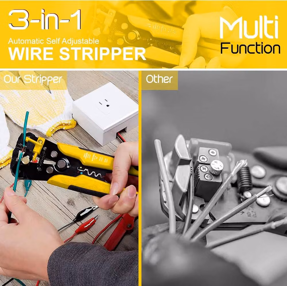 ATEK 3-in-1 Electrical Wire Strippers, Cutters and Terminal Crimper in Yellow – 6