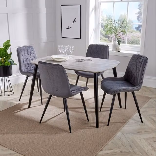 Core Products Ltd Aspen Oak Effect Rectangular Dining Table and 4 Diamond Stitch Fabric Chairs Set in Grey and Black, W/D/H: 120 x 80 x 75 cm