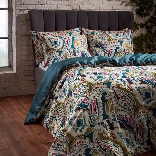 Edinburgh Weavers Aretha Reversible Paisley Duvet Set, 200 Thread Count Cotton Sateen Bedding, Petrol and Green, W: 180 cm x L: 200 cm – 2
