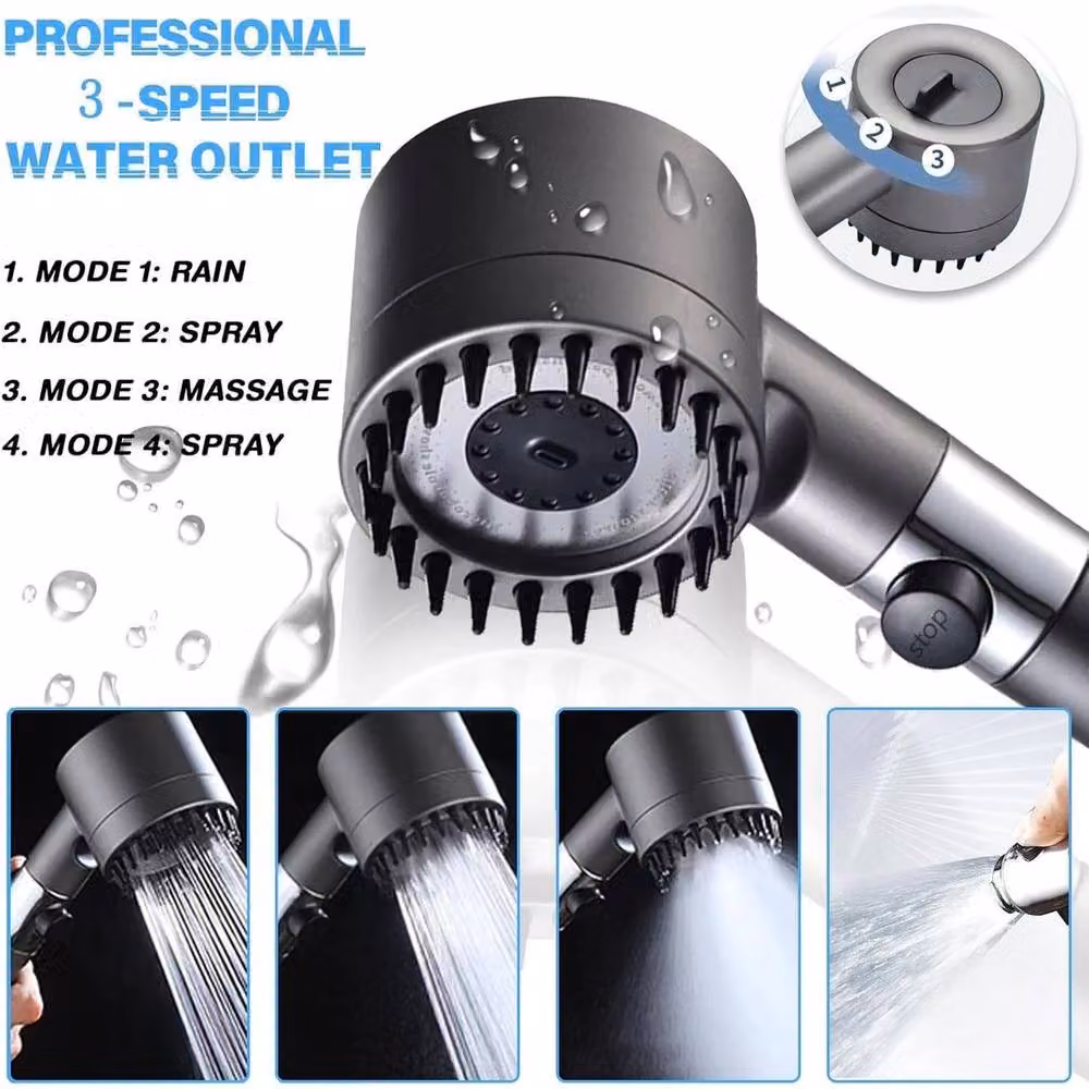 FLAVORA 4-in-1 High Pressure Shower Head with 3 Modes in Grey, W: 180 cm, H: 180 cm – 3