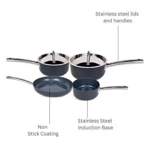 Cermalon 4 Piece Hard Anodised Non Stick Cookware Starter Set in Grey, including Frying Pan and Saucepan with Lids, Induction and All Hob Compatible – 2